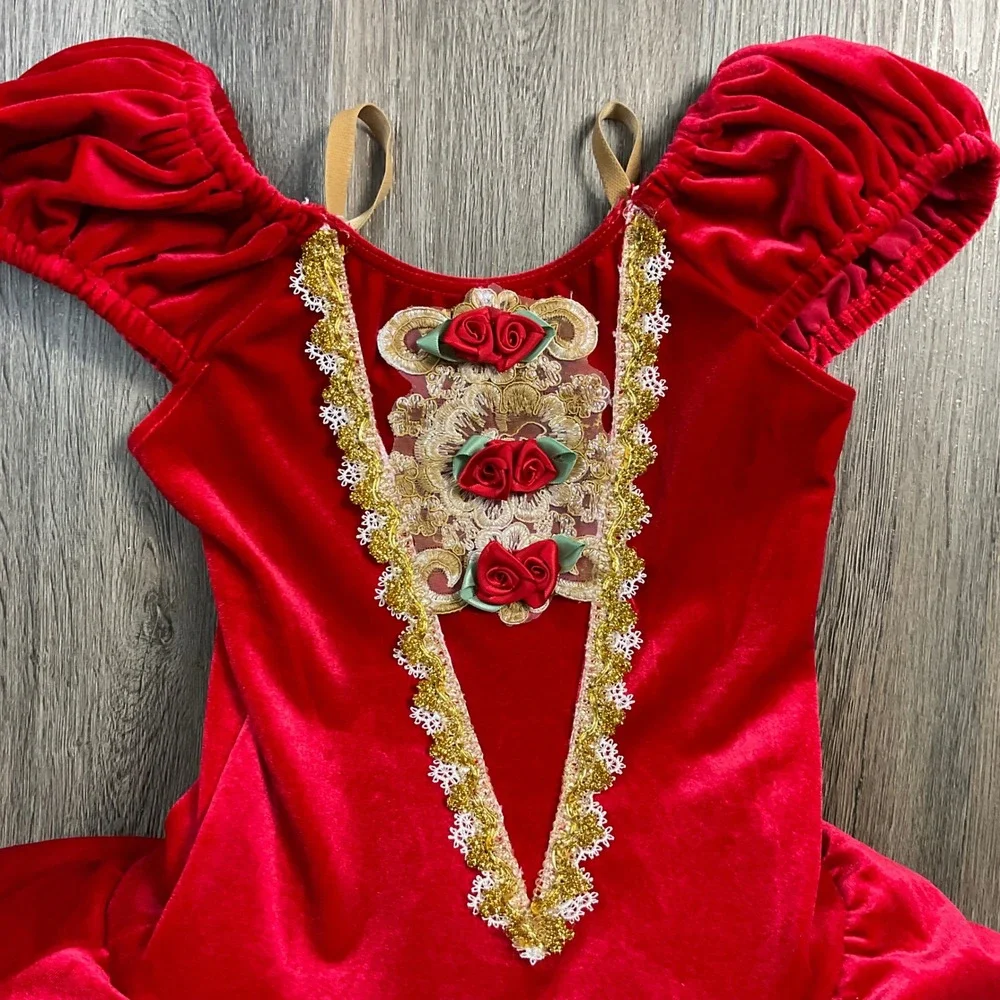 Victoria Dancewear Velvet Rosette Ballet Tutu Dance‎ Costume Girls LC Red Gold